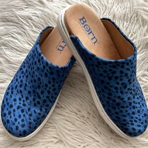 Born Zen slip ons blue and black Cheetah size 8